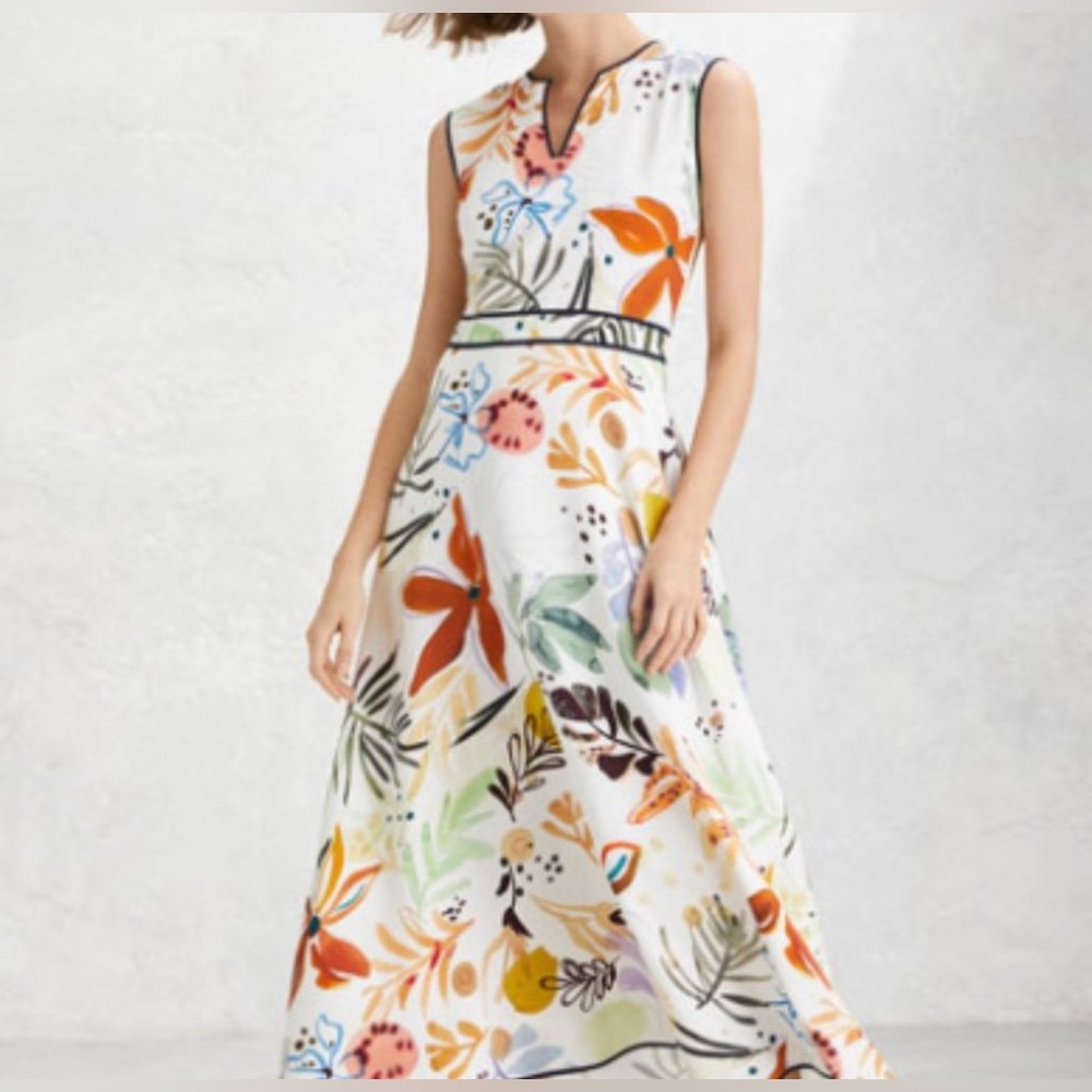 Classy Lafayette 148 New York White Botanical Print MIDI Sz 10 - Picture 2 of 13